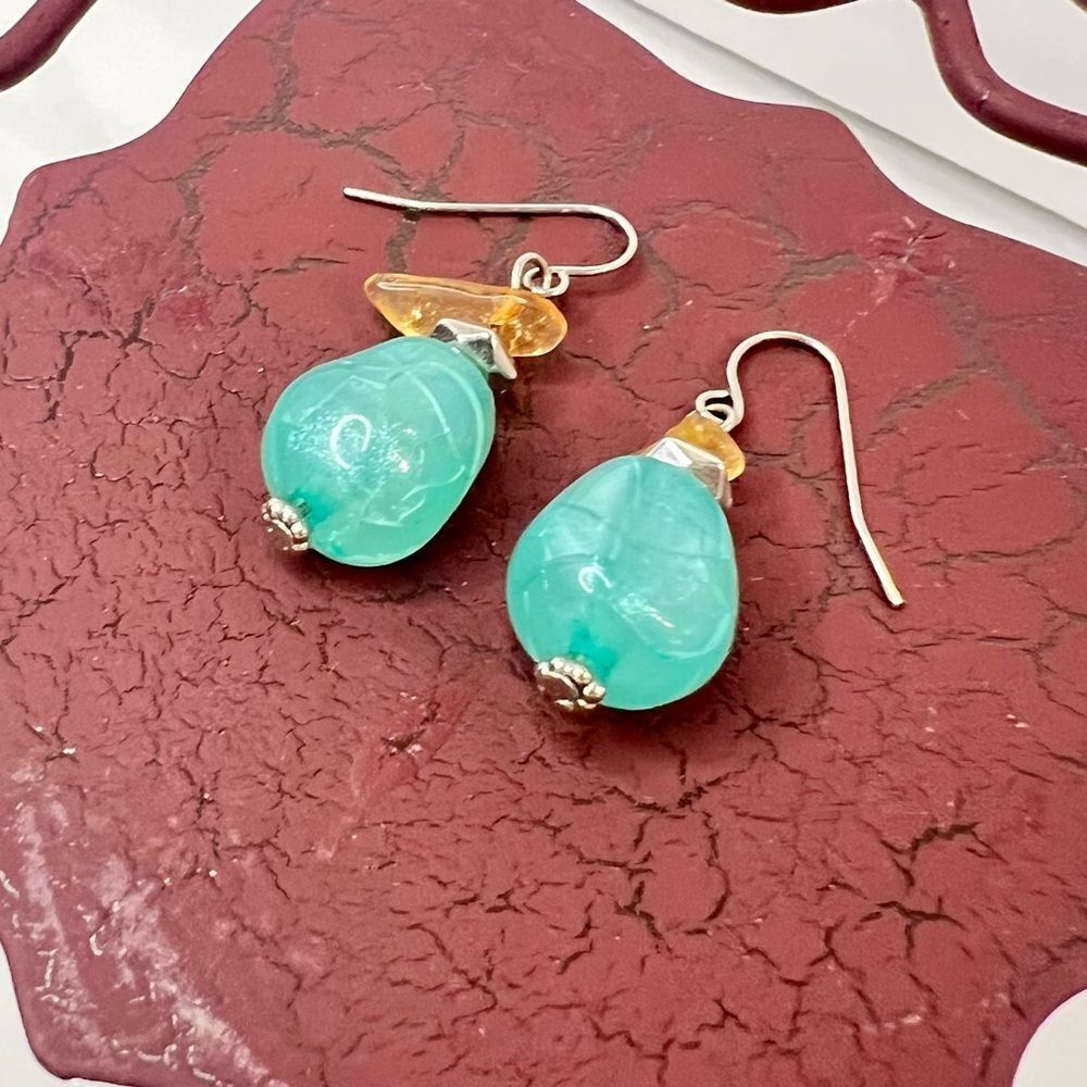 Aqua Blue Teardrop Beaded Dangle Earrings Boho Artisan Silver Tone